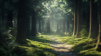 Obraz premium A shaded forest path with soft light filtering through the canopy
