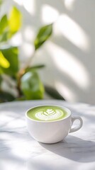 Matcha latte art, cafe, sunlight, plants