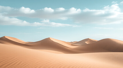 A vast desert with soft sand dunes and blue skies