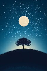 Naklejka premium Silhouette tree moonlit hill at night