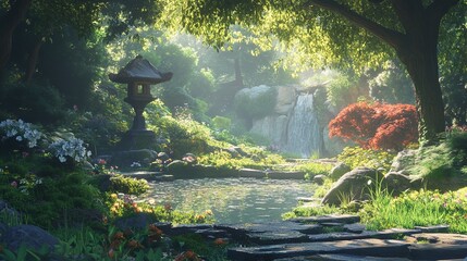 "Serene Forest Stream with Sunlight Filtering Through Trees &ndash; Tranquil and Picturesque Nature Scene"