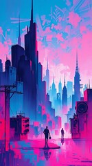 city silhoutte, A surreal infrared-toned bold acrylic painting depicts a cyberpunk city silhouette in an epic scene, featuring vibrant colors, textured brushstrokes, light streaks, and an otherworldly