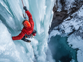 Extreme ice climber scaling frozen waterfall in a thrilling winter adventure sport in a breathtaking landscape

