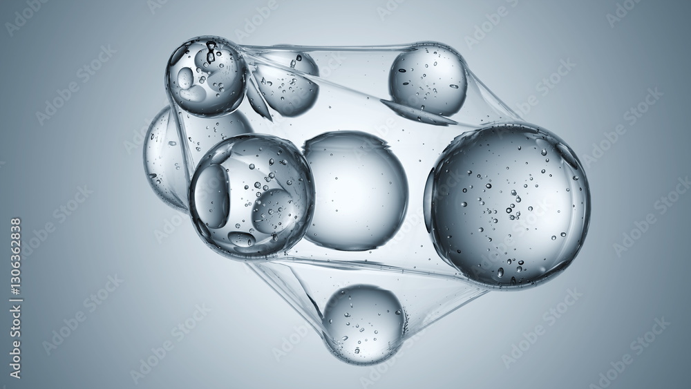 Poster droplets of water gather and create interconnected shapes, forming clusters of bubbles on a soft gra