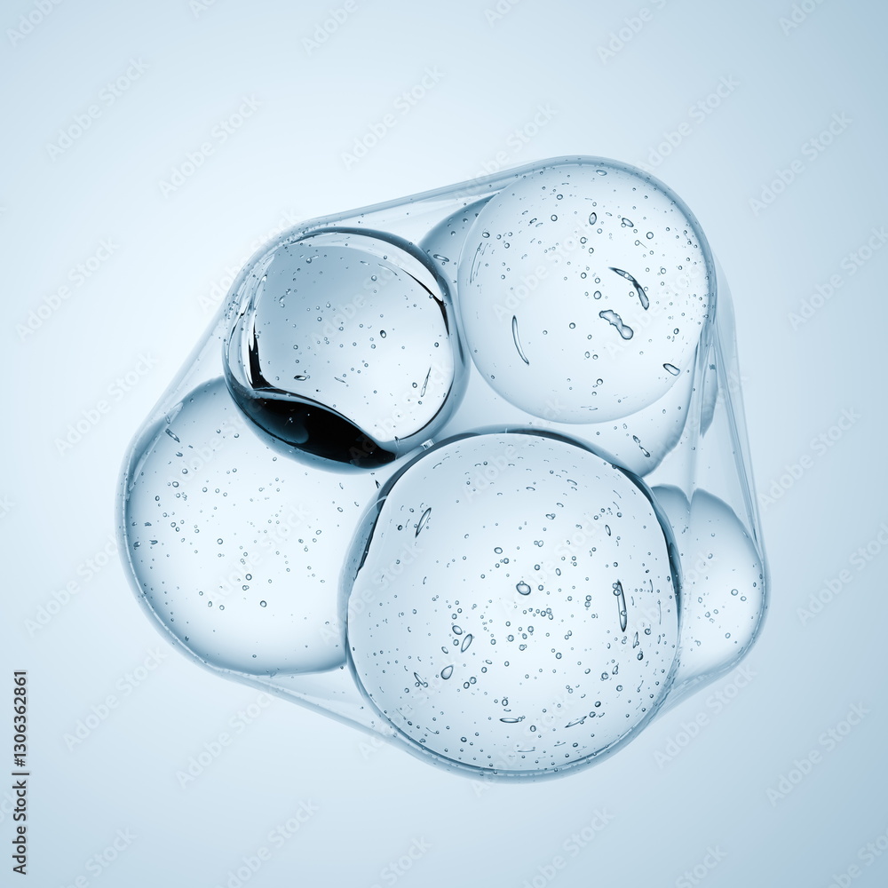 Poster various transparent spheres hover in a clear fluid, showcasing unique reflections and bubbles. light