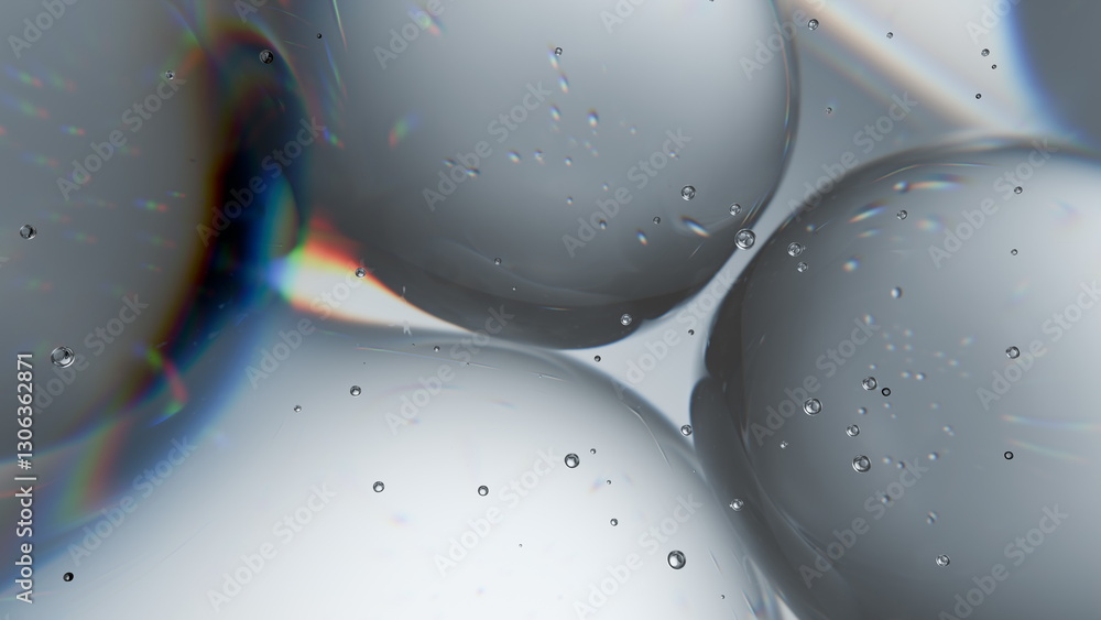 Poster bubbles of various sizes float in a clear liquid, illuminated by light that creates colorful reflect