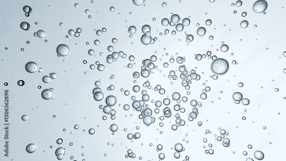 Poster bubbles of various sizes float upward in clear water, reflecting light and creating an intriguing vi