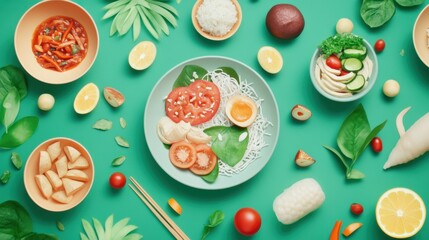 assorted thai food in flat lay composition
