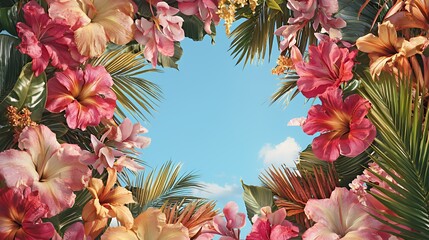 Naklejka premium Vibrant Pink Tropical Flowers and Palm Leaves Frame Blue Sky