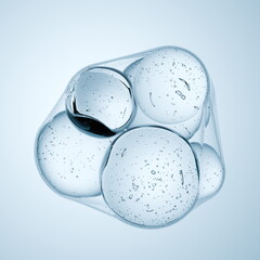 Various transparent spheres hover in a clear fluid, showcasing unique reflections and bubbles....