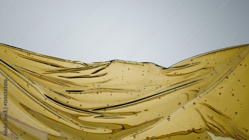 Poster golden liquid flows gracefully, resembling waves with bubbles encapsulated within. backdrop is neutr