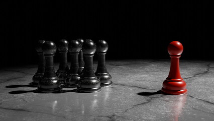 striking red pawn stands apart from a group of black pawns on a dark marbled surface. 3d render