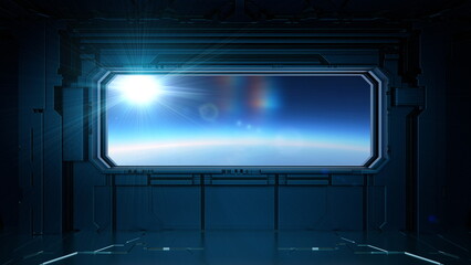 bright sun shines through a large window in a futuristic space station. view reveals curvature of...