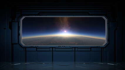 captivating view reveals a vibrant sunrise emerging from the curvature of Earth visible through a large window in a futuristic space station. expanse of space enhances the colors. 3d render