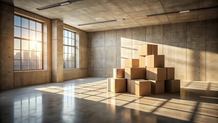 Sunlit Industrial Space with Stacked Cardboard Boxes Ready for Relocation