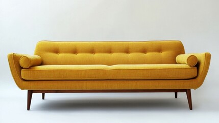 Stylish yellow mid century modern sofa with textured fabric and wooden legs in a minimalist setting