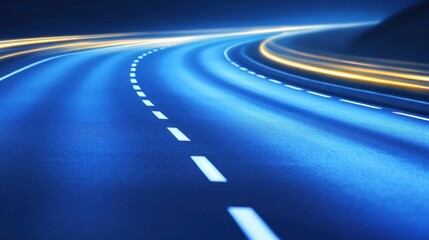 An abstract blue background with blurred stripes and light stripes on the horizon. The lines resemble a highway, with a focus on smooth curves that represent technology and communication concepts