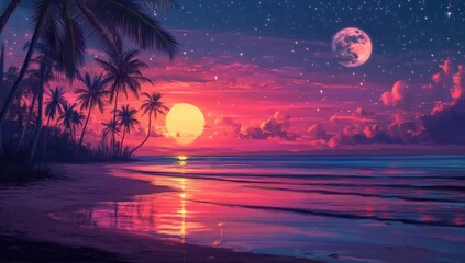 Tropical sunset beach with palm trees, vibrant colors, double moon, and stars.
