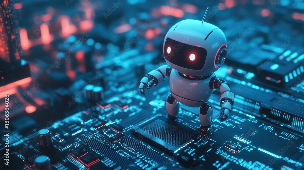 Poster a 3d robotic chatbot on a microchip processor, representing ai in science and business, depicted on 