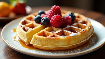 Golden Waffles Topped with Sweet Berries and Syrup on a Plate