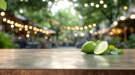 Limes on table, outdoor cafe background, summer drinks