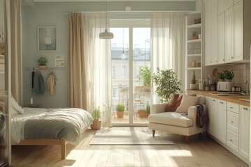 Fototapeta premium Cozy studio apartment with a balcony, showcasing a bright and airy interior design.