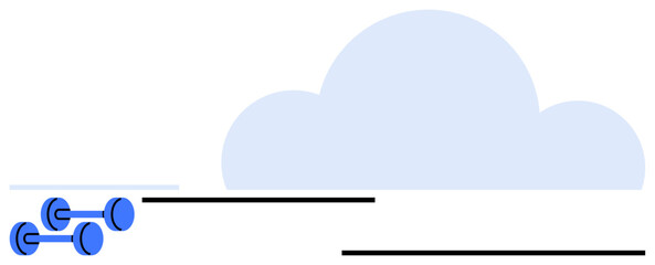 Pair of blue dumbbells placed against a flat cloud design. Ideal for wellness, fitness, health goals, physical strength, gym inspiration, workout routines, healthy lifestyles. Flat simple metaphor