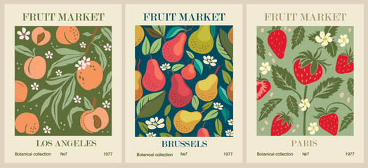 Set of abstract Fruit Market retro posters. Trendy kitchen gallery wall art with pear, peach, strawberry fruits. Modern naive groovy funky interior decorations, paintings. Vector art illustration. © Creative_Juice_Art