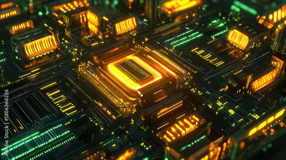 Poster a futuristic data center with glowing servers and a central processing unit in a digital environment
