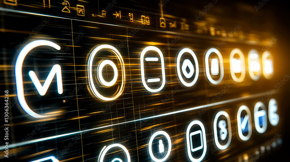 Poster interactive digital icons display virtual workspace graphic design modern technology close-up view v