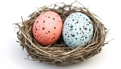 Obraz premium Nest with two speckled eggs, white background