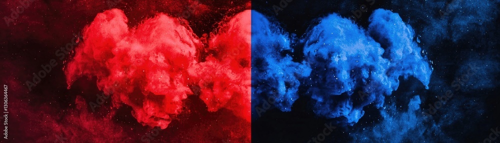 Poster red and blue ink clouds collide; abstract art; dark background; design element