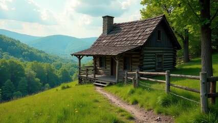 Obraz premium Rustic Log Cabin Retreat Nestled on a Verdant Hillside Overlooking Rolling Green Mountains