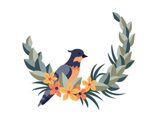 Round flower bird frame, vintage wreath with blossom. Folk art, ornamental frame with floral composition. Bright illustration, can be used as creating or invitation card
