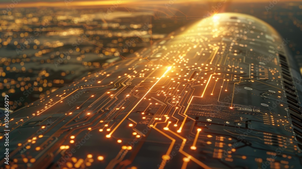 Poster This image features an abstract representation of a circuit board illuminated by a stunning sunset. The intricate patterns and glowing lights create a modern and futuristic aesthetic, ideal for