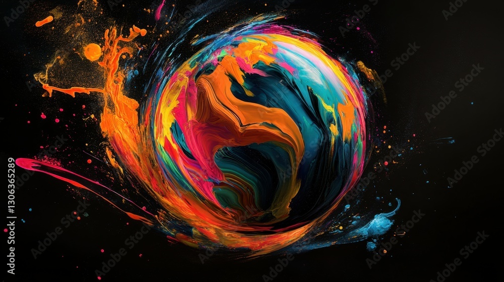 Poster vibrant abstract globe in dynamic brush strokes and splashes on black background