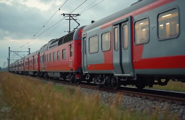 Naklejka premium Modern commuter passenger train runs in rural area on cloudy day. Red german slovenian made passenger train on railway tracks. Electric multiple unit vehicle. Public transportation, rail transport,