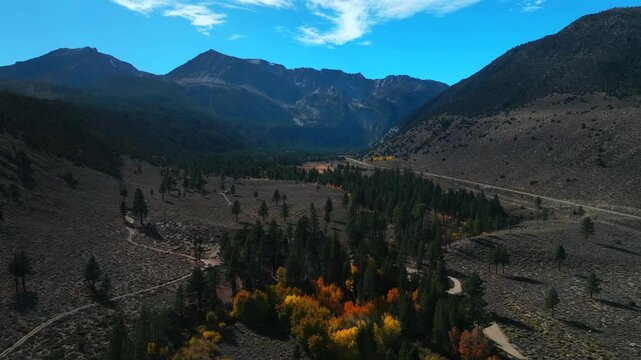 West Portal Entrance Lee Vining Tioga Pass Road Yosemite National Park California aerial drone Ansel Adams Wilderness Big Oak Flat fall autumn yellow orange Aspen Trees blue skies forward motion