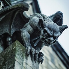 Gothic stone gargoyle perched on a building corner, overlooking a cloudy sky and urban landscape