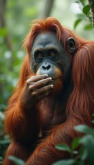 Fototapeta premium Majestic ora dev gazes thoughtfully, surrounded by vibrant green foliage in a tranquil jungle setting during golden hour