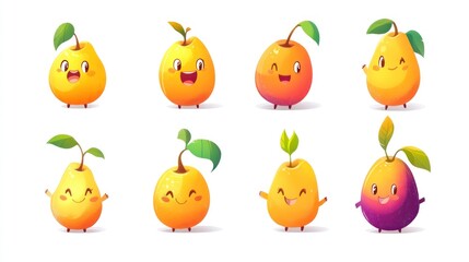Fototapeta premium Cute cartoon pears and apples, various poses, white background, children's book illustration, food, healthy
