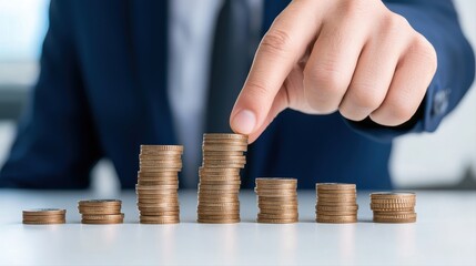 Person placing coins on stack representing business concept of loan servicing fees and financial growth
