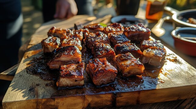 Pork belly burnt ends on a wooden platter, caramelized and juicy, outdoor BBQ ambience.