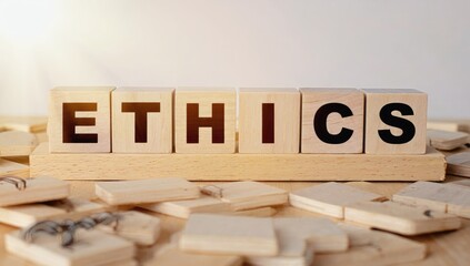 Wooden blocks spelling ETHICS on stand, scattered pieces