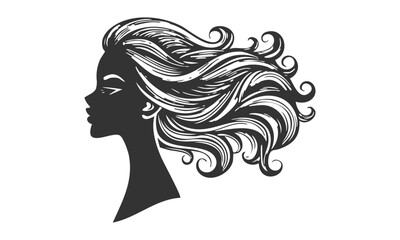 Elegant Woman Silhouette Side View. Open Hair Vector Design. Female Profile Art.