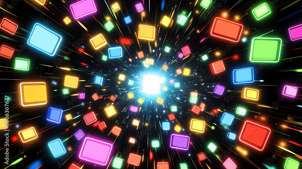 Poster dynamic colorful burst of shapes abstract space digital art energetic environment 3d perspective vis