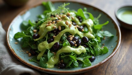 Colorful salad with fresh greens, black beans, and creamy dressing on a rustic wooden table