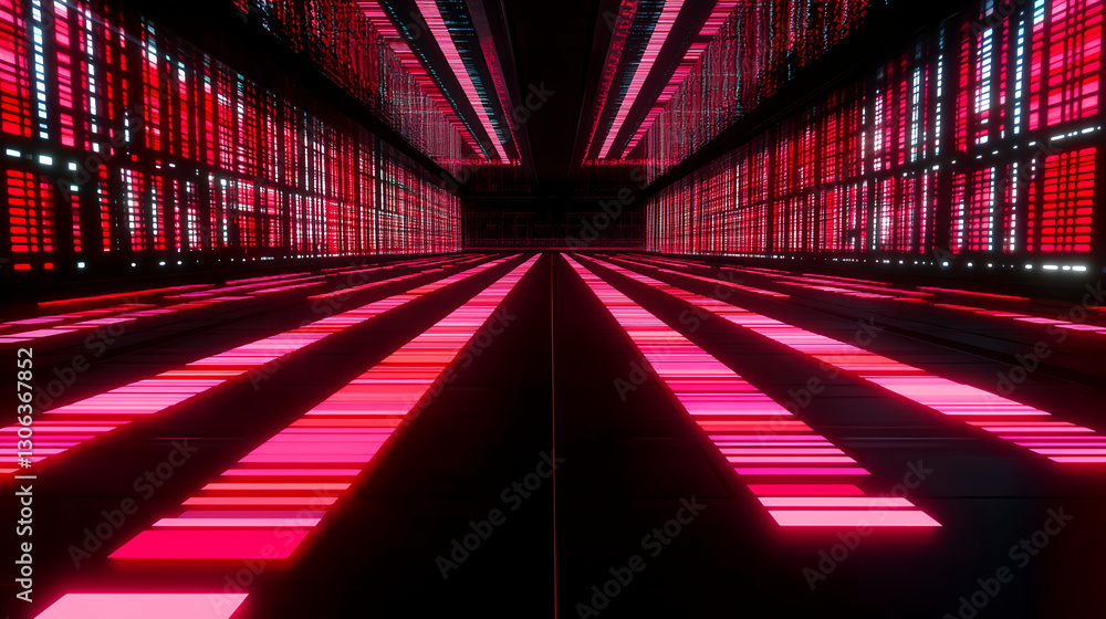 Poster dynamic neon light patterns futuristic tunnel digital art dark environment perspective view technolo