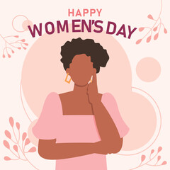 Stylized illustration, Women's Day celebration, feminine figure, curly hair, pink outfit, floral elements, retro aesthetic, minimalist design, pastel color palette, empowering message