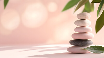 Obraz premium Light pink gradient background with a zen stone stack and a leaf